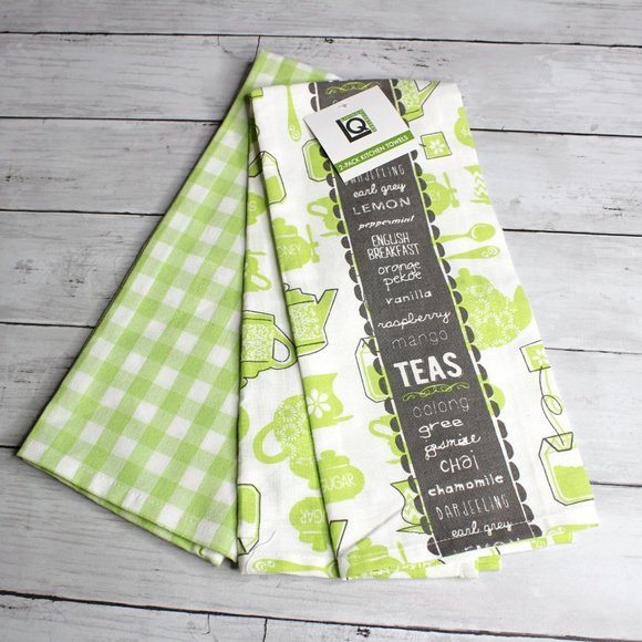 Living Quarters Kitchen Towel Set Green White Tea Pots 100% Cotton - Picture 4 of 6